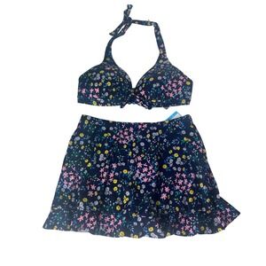 Draper James Womens Navy Floral Halter Bikini Top and Swim Skirt Set Small NEW